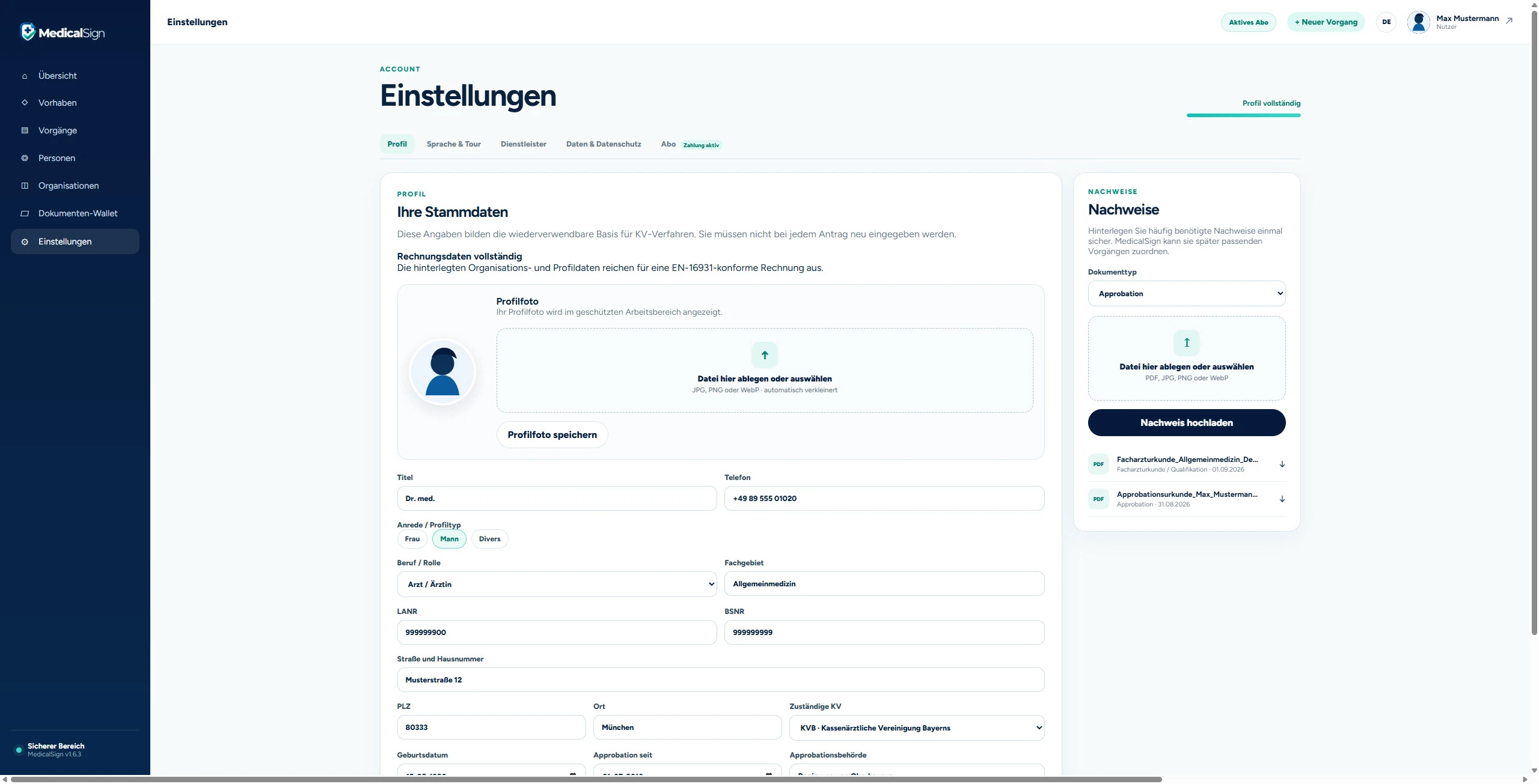 Einstellungen – MedicalSign